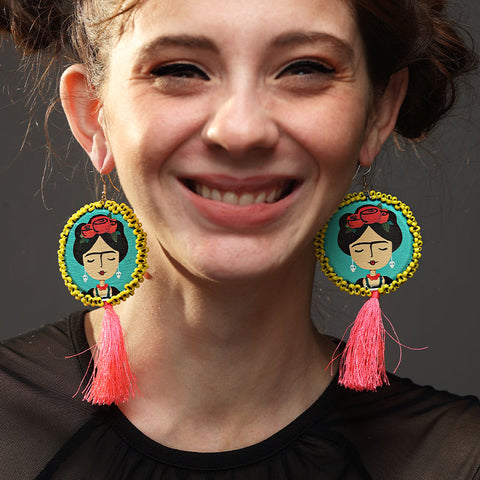 Frida kahlo Pink Tassel Handcrafted Earring