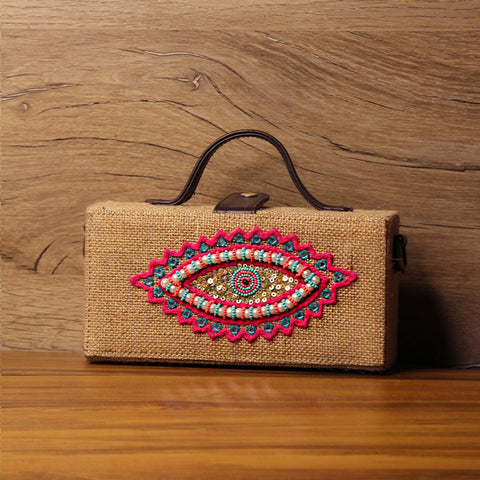 Evil eye hand embroidered clutch bag (jute bag)