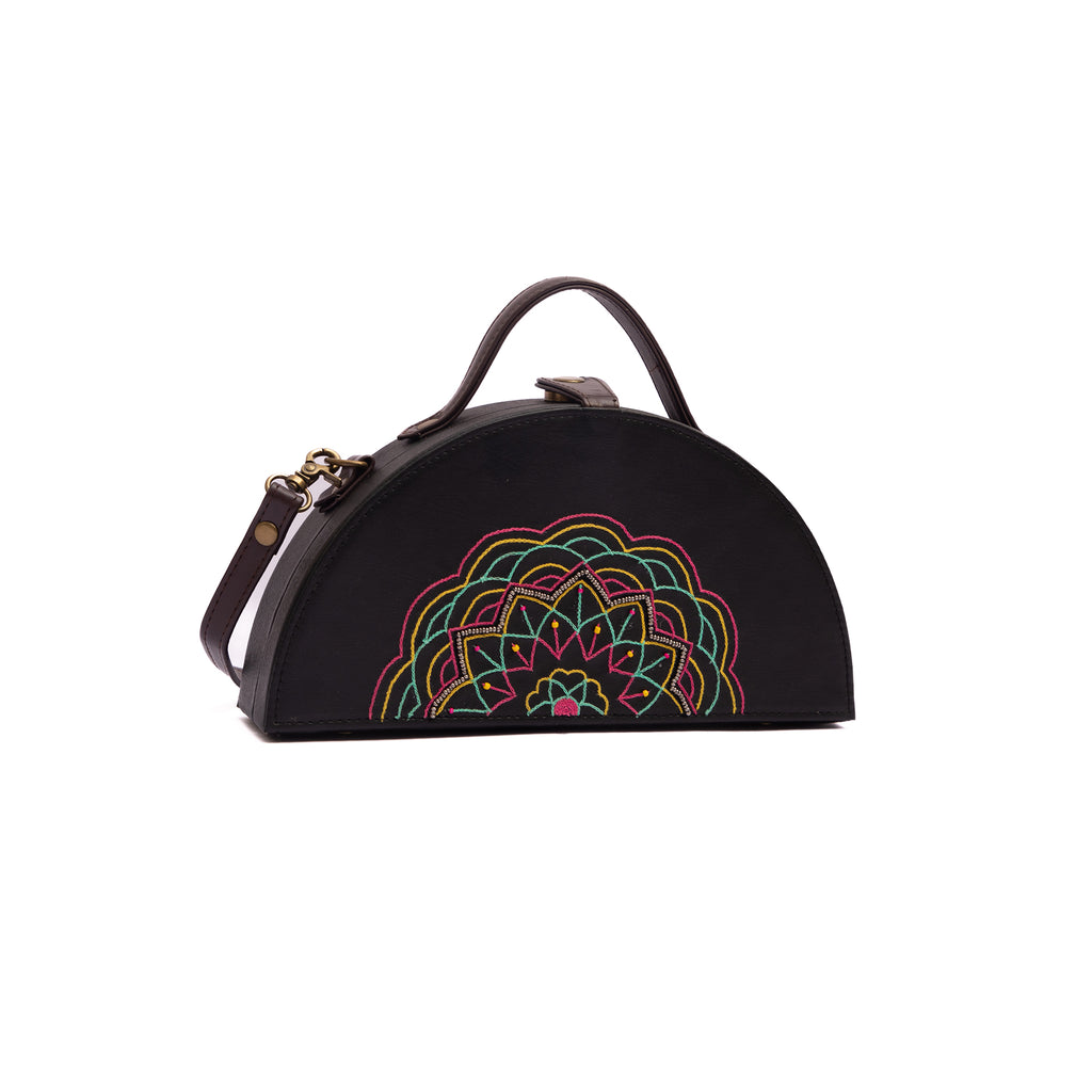Mandala hand embroidered semi circle clutch bag by gonecase