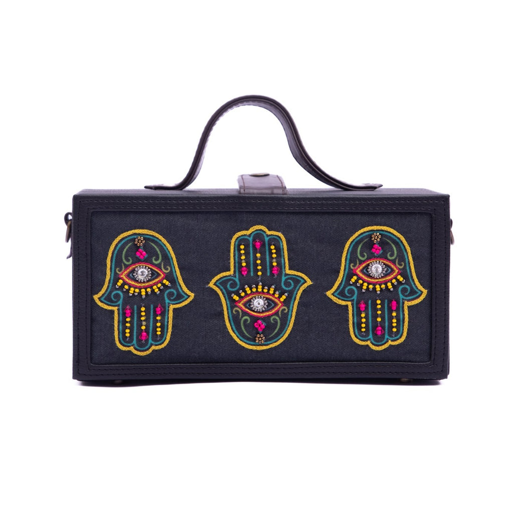 Hamsa multi colored hand embroidered clutch bag 