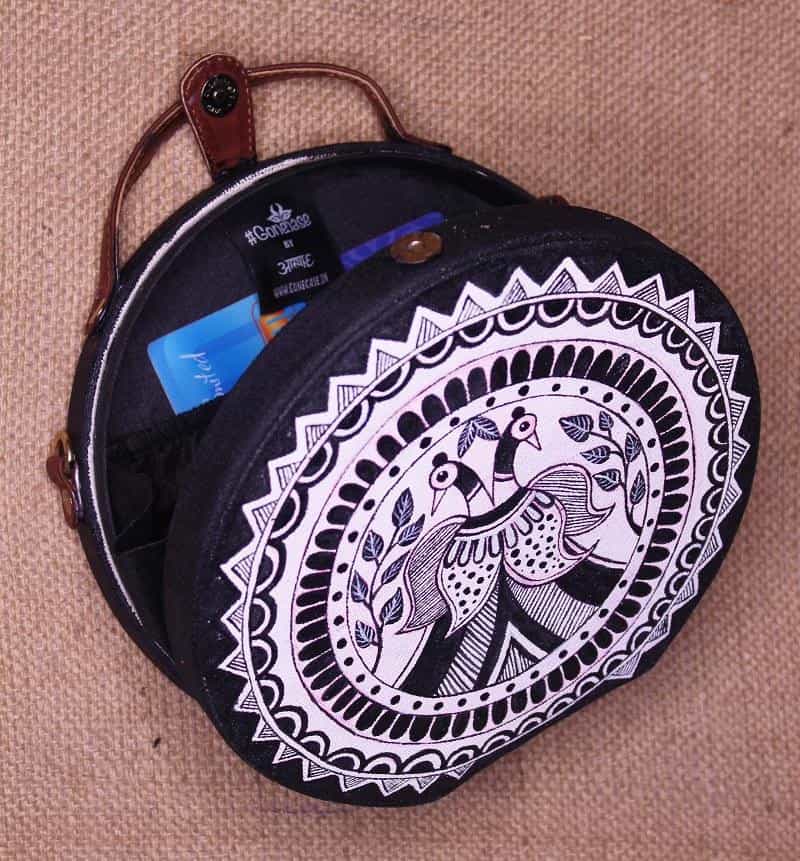 Madhubani Peacock Handpainted Sling Bag ,sling bag, gonecasestore - gonecasestore
