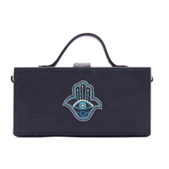 Hamsa teal black hand embroidered women crossbody clutch bag