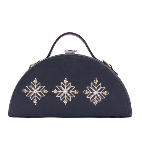 Aztec black hand embroidered semi circle designer clutch bag