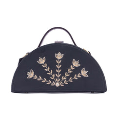 Bloom black hand embroidered semi circle clutch bag for women