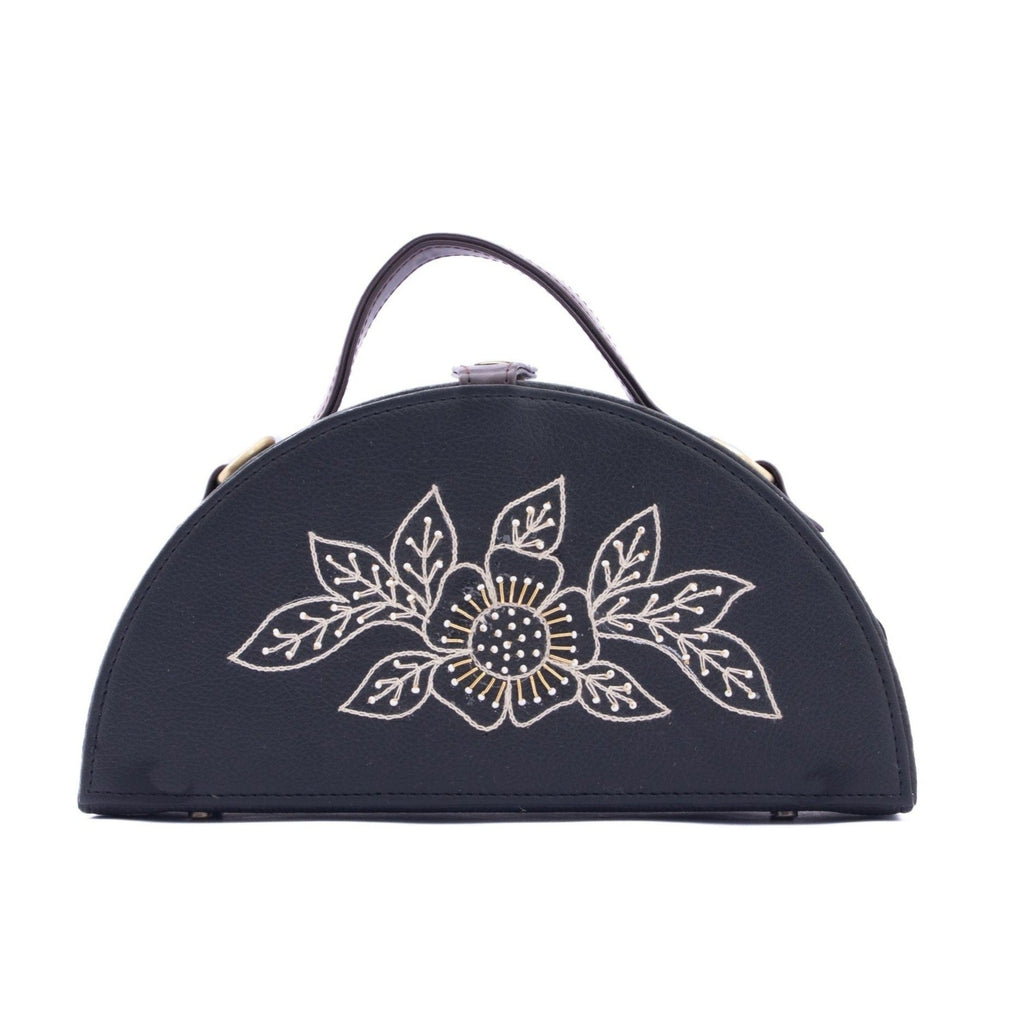 Phool black crossbody semi circle hand embroidered clutch bag for women
