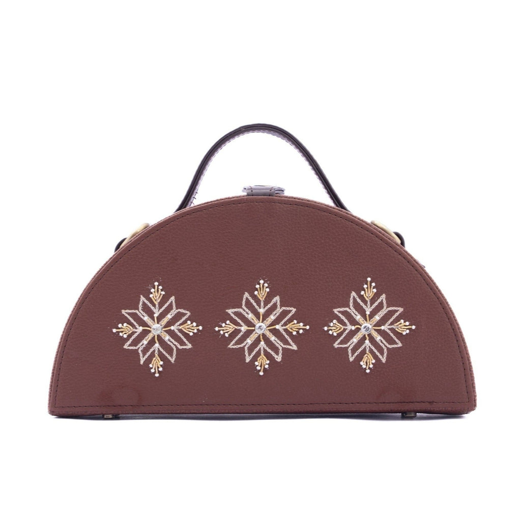 Aztec tan hand embroidered semi circle clutch bag for women