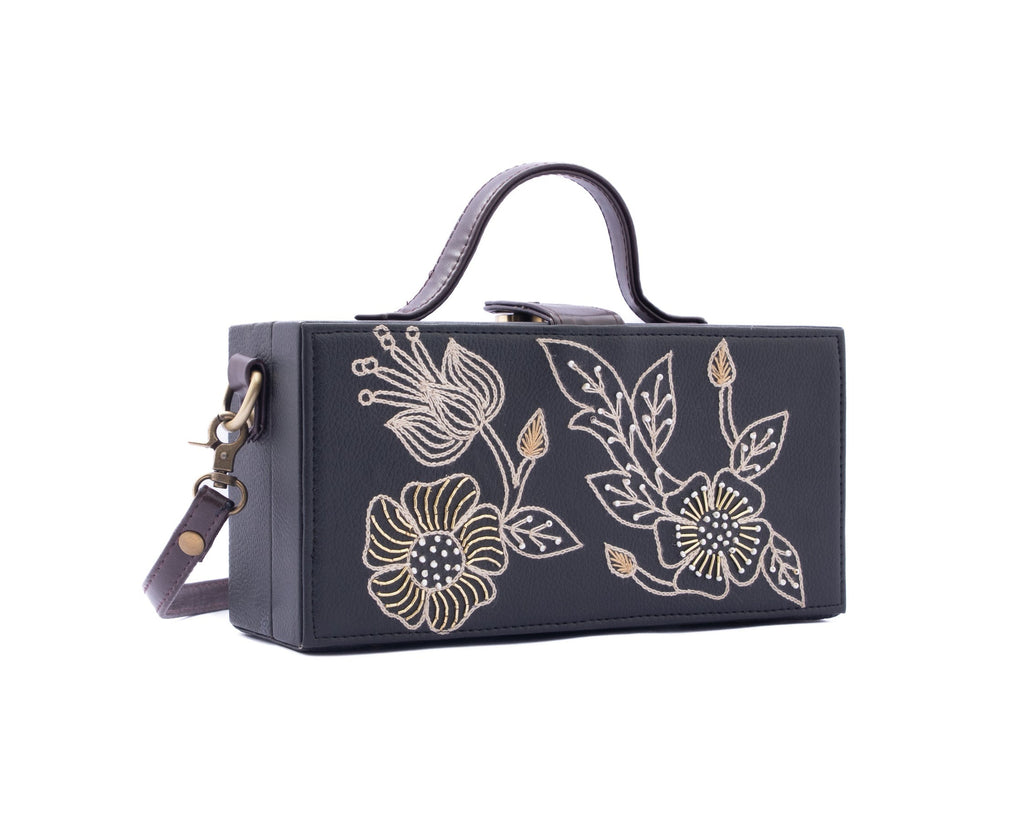 Phool black crossbody hand embroidered clutch bag for women