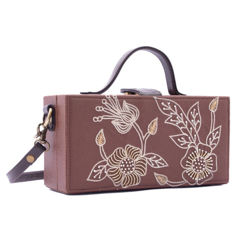 Phool tan crossbody hand embroidered clutch bag for women