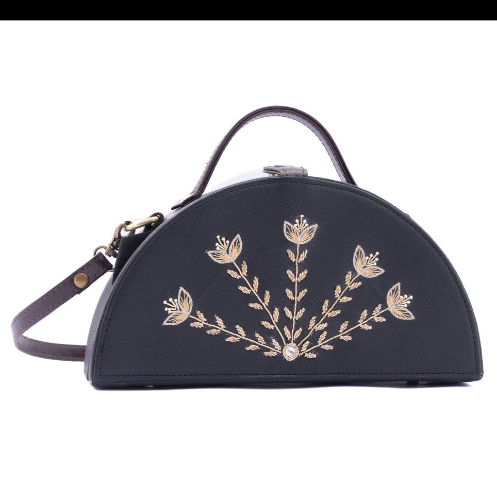 Bloom black hand embroidered semi circle clutch bag for women