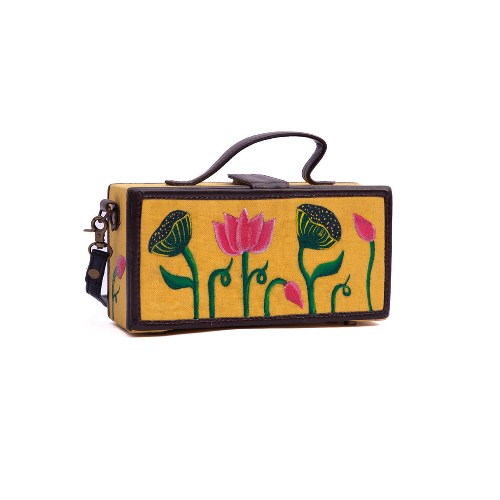 Pichwai yellow hand painted clutch bag by gonecase