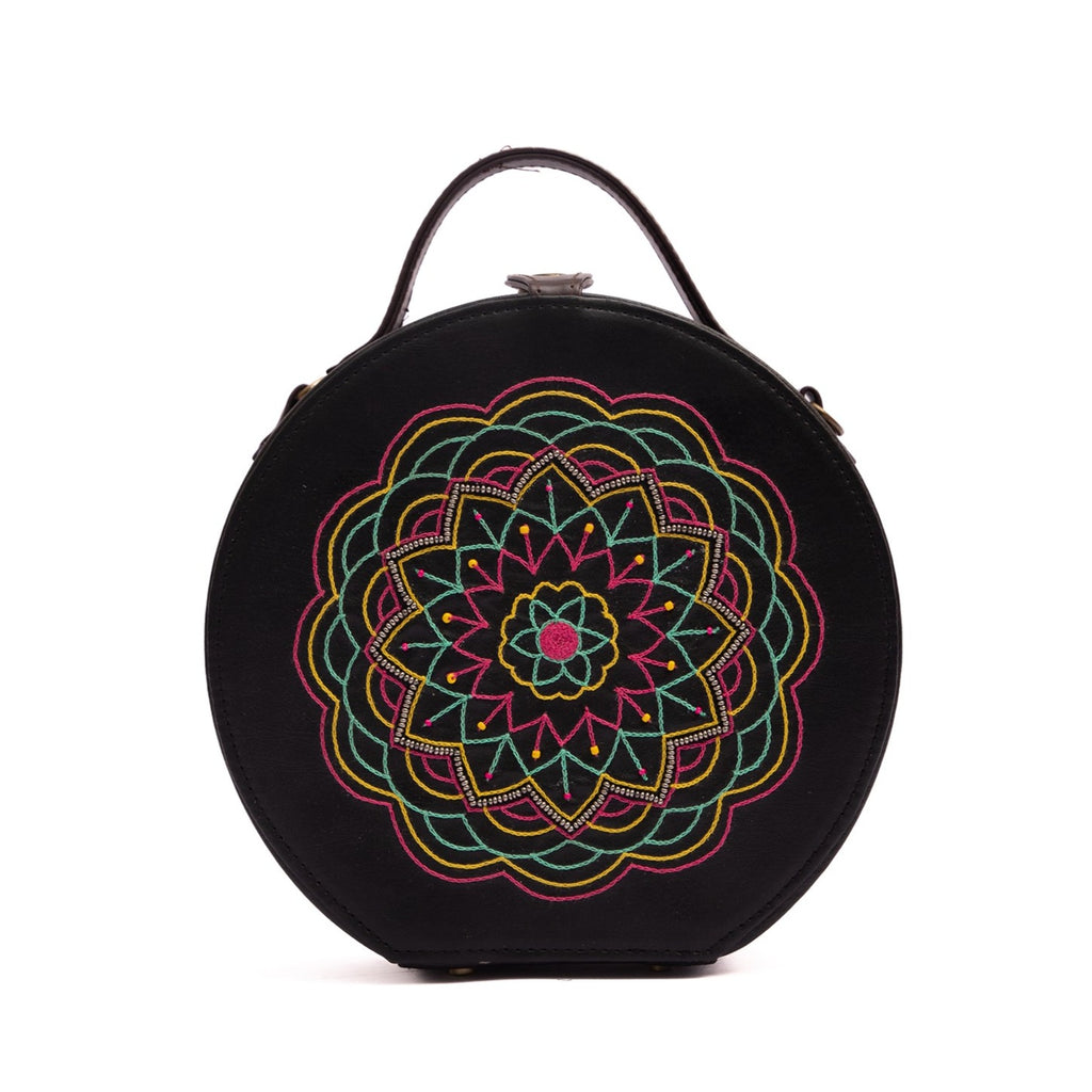 Round mandala hand embroidered sling bag by gonecase