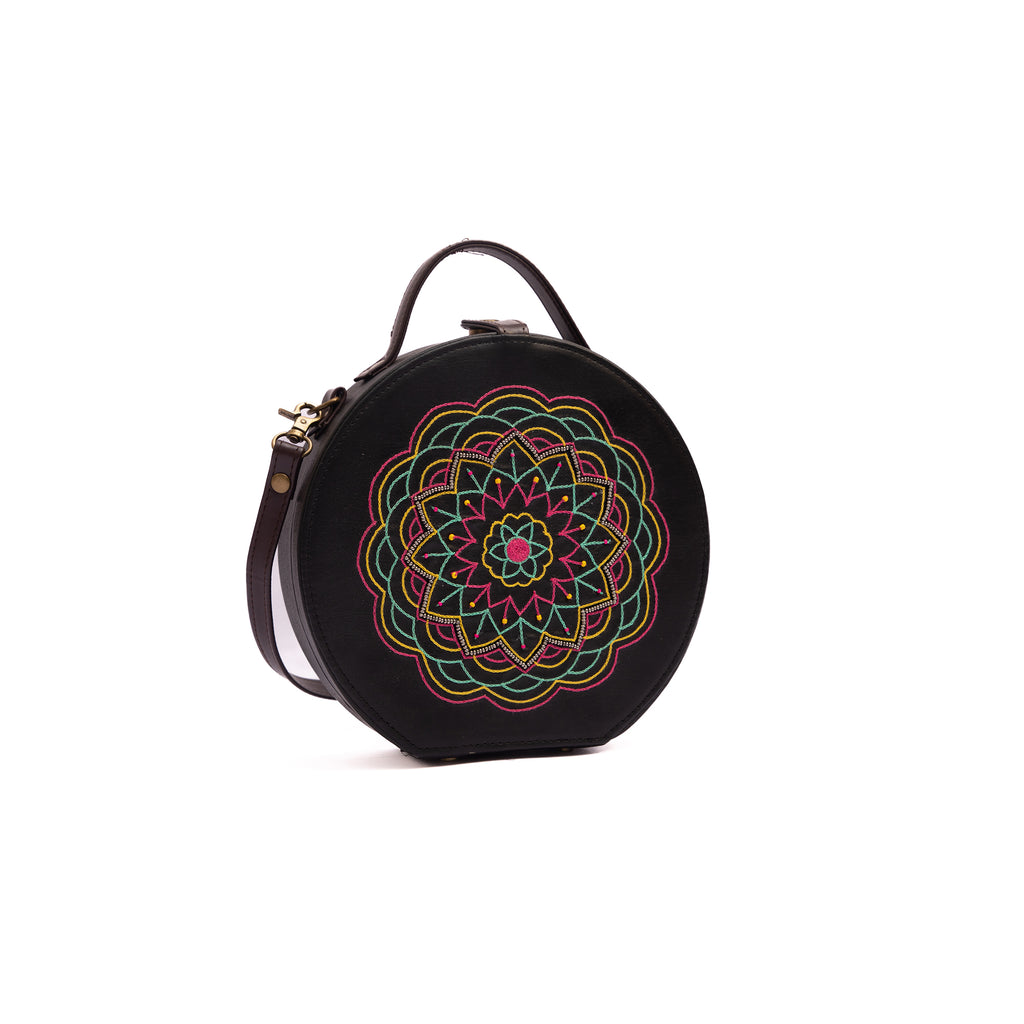 Round mandala hand embroidered sling bag by gonecase