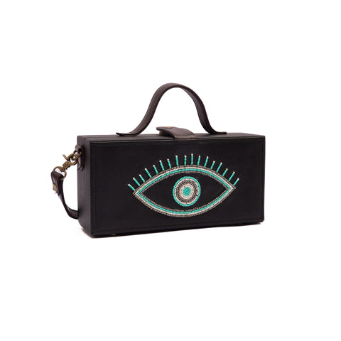 Turkish evil eye teal hand embroidered clutch bag for women
