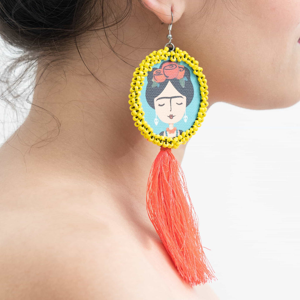 Frida kahlo  Pink Tassel Handcrafted Earrings ,Earrings, gonecasestore - gonecasestore