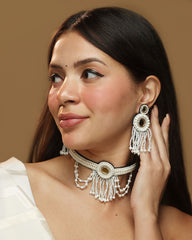 Anarkali white hand embroidered wedding choker set by gonecase